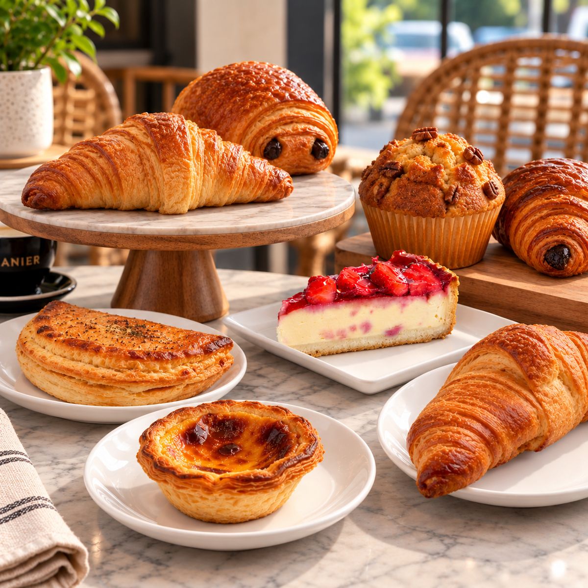 Croissants, pastel de nata, media luna y cheesecake